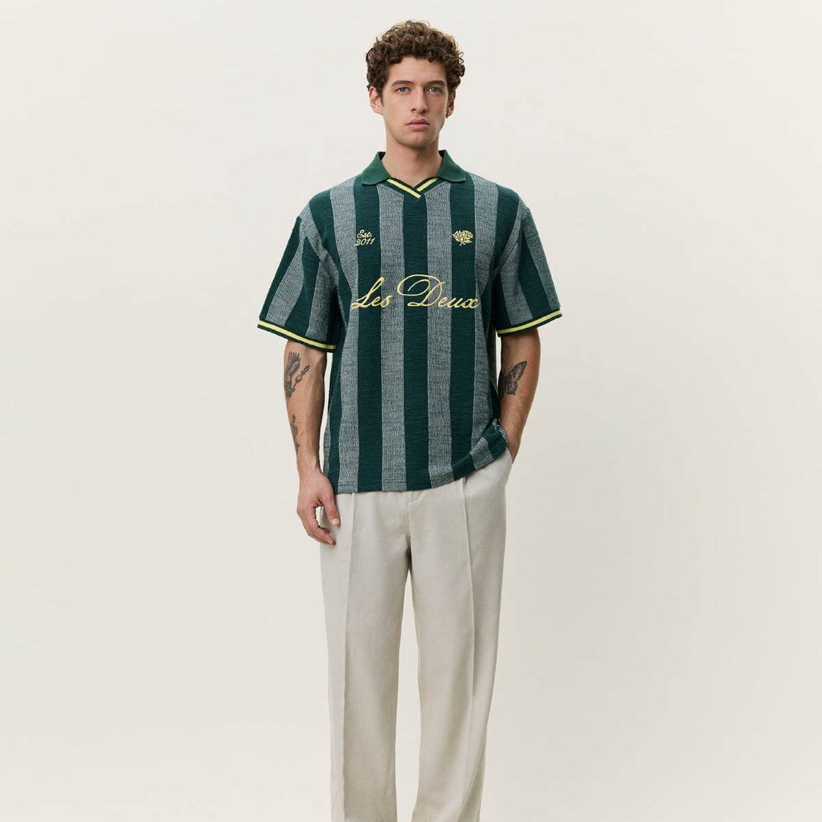 Les Deux Stripe Jacquard Football Jersey: Pine Green