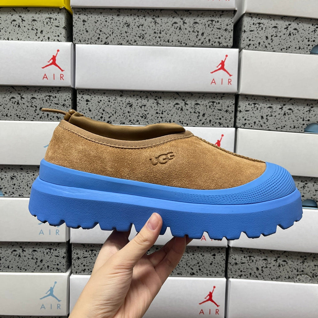 UGG Tasman X Platform Slip-On – Suede Clog with Shearling Lining, Paracord Toggle & Bold Blue Chunky Platform Sole in Chestnut