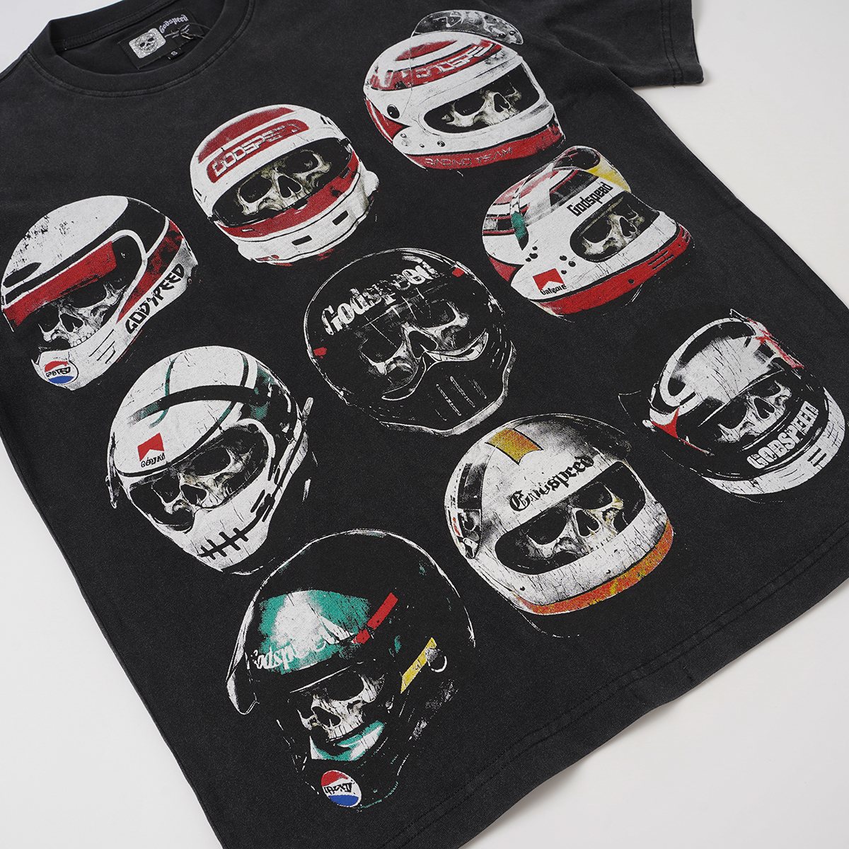 Godspeed Out of Many One Racing Helmet Graphic T-Shirt